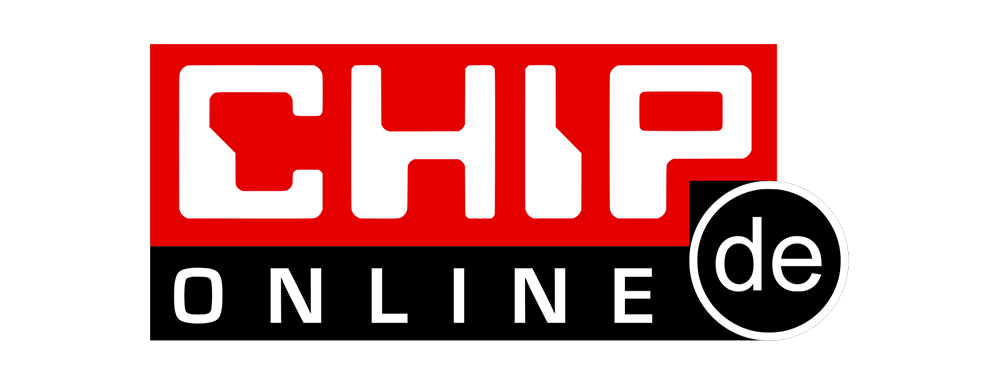 Лого на CHIP Online с удебелен червен и бял текст „CHIP“ на червен фон, с „Online“ с бели букви на черен фон и „de“ в бял кръг вдясно. Поразителен е като ужилване от ухапване от насекомо, привличайки вниманието моментално.