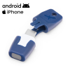 Син и бял USB Type-C към Lightning адаптер, съвместим с устройства с Android и iPhone 15, включващ дизайн на насекомо Haetit в горната част.